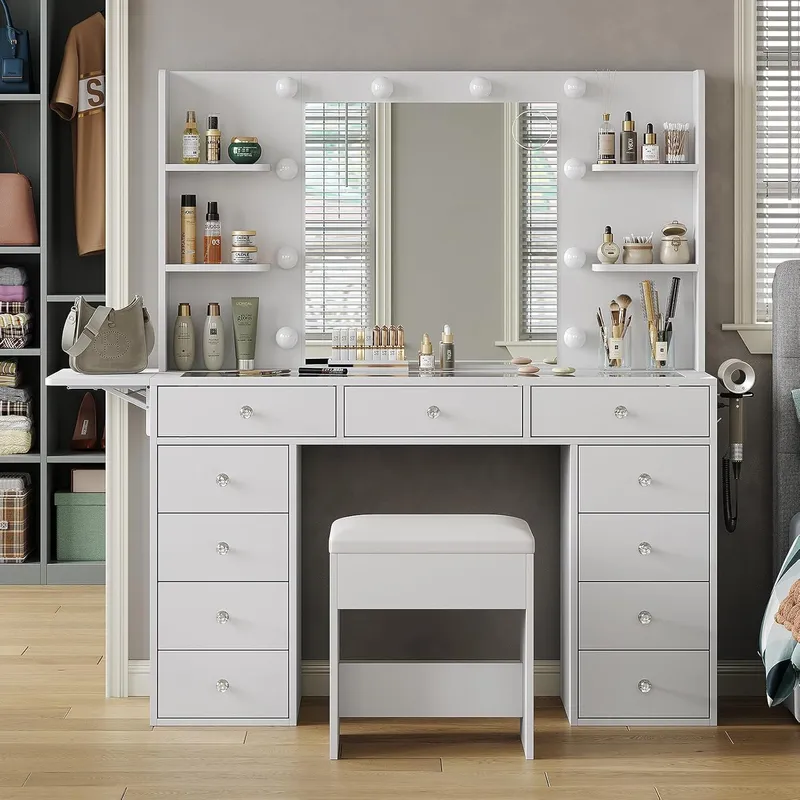 FUSOU Vanity Desk with Power Outlet, 11 Drawers