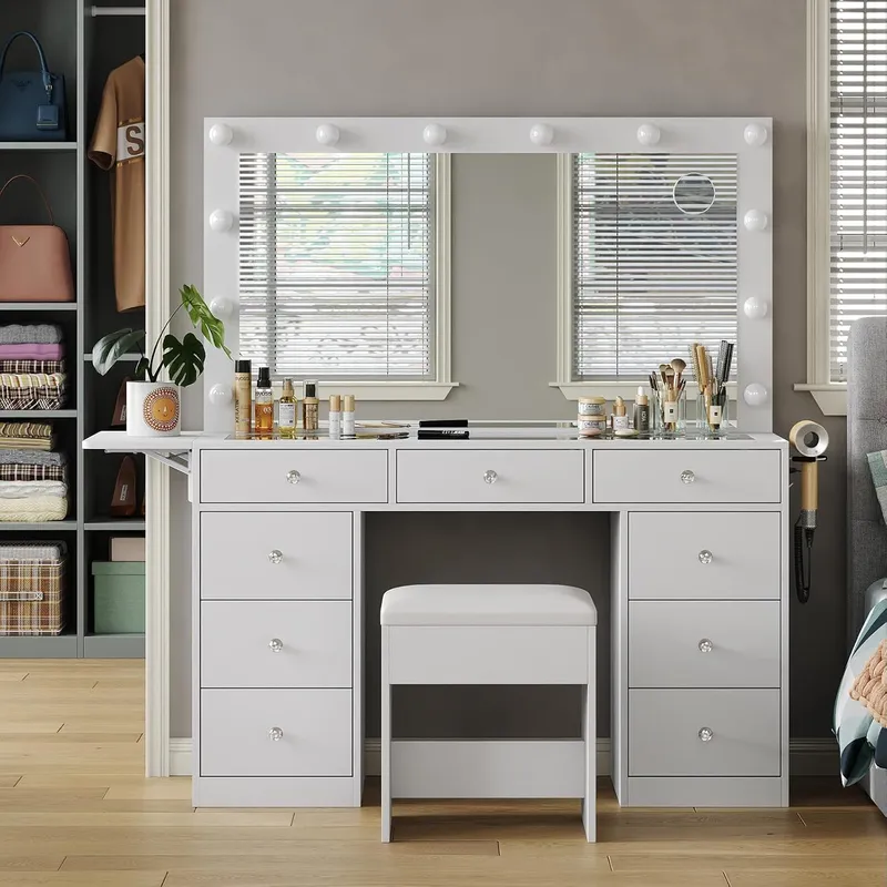 FUSOU Vanity Desk with Power Outlet, 9 Drawers